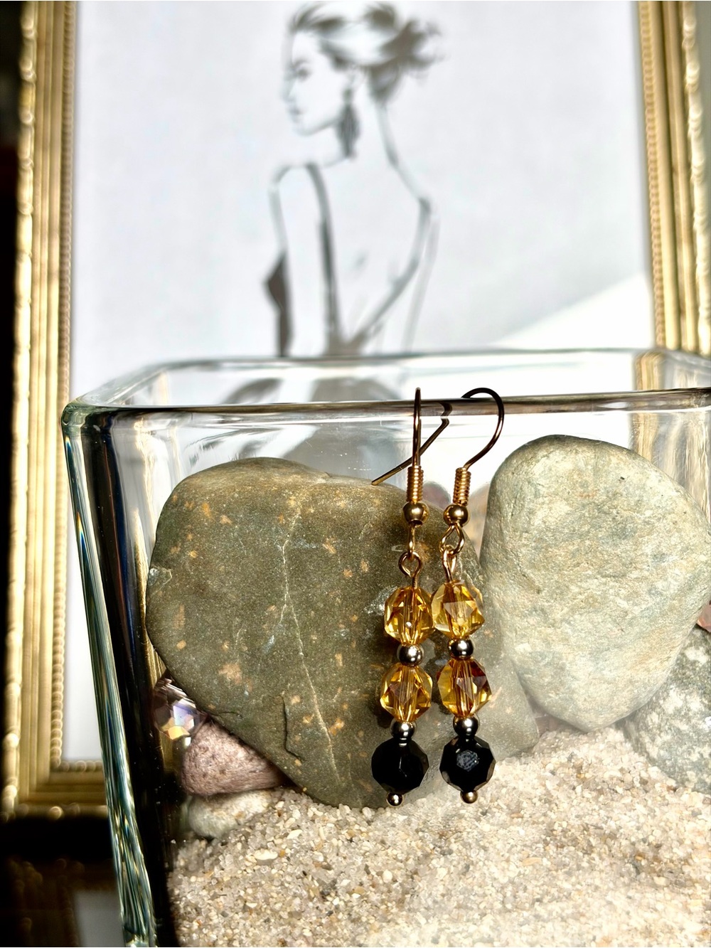 Handcrafted Amber Crystal Drop Earrings with Black Accent Beads - Women Jewelry